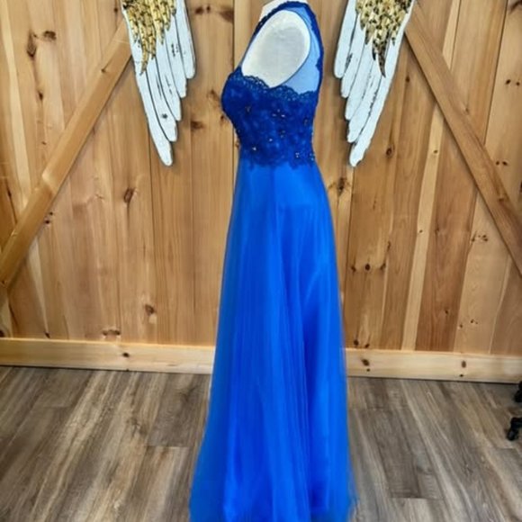 Dark blue with dark blue lace within neckline and ribs special occasion dress - Picture 4 of 7